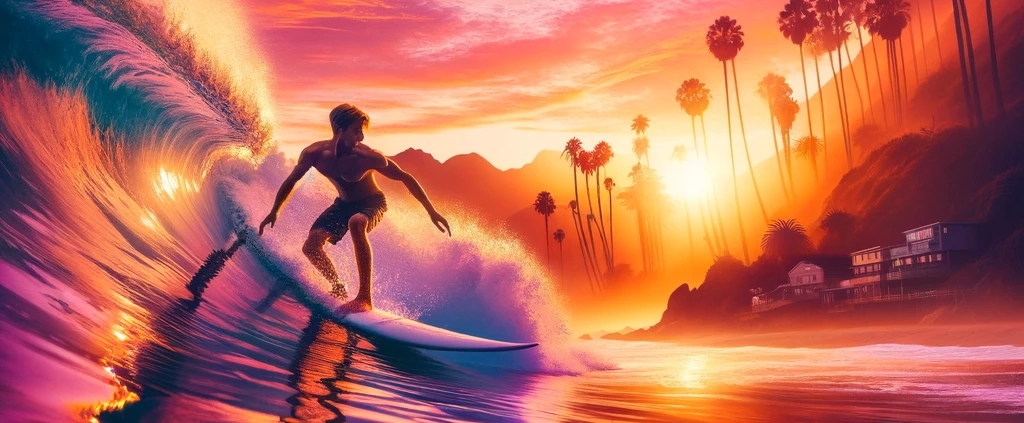 Young surfer riding a wave at sunset with warm hues of orange, pink, and purple in the sky reflecting on the Pacific Coast's water, embodying adventure and freedom